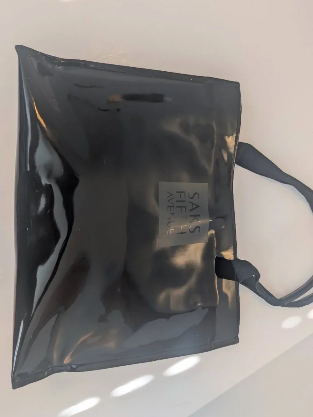 Saks Fifth Avenue logo patent leather tote